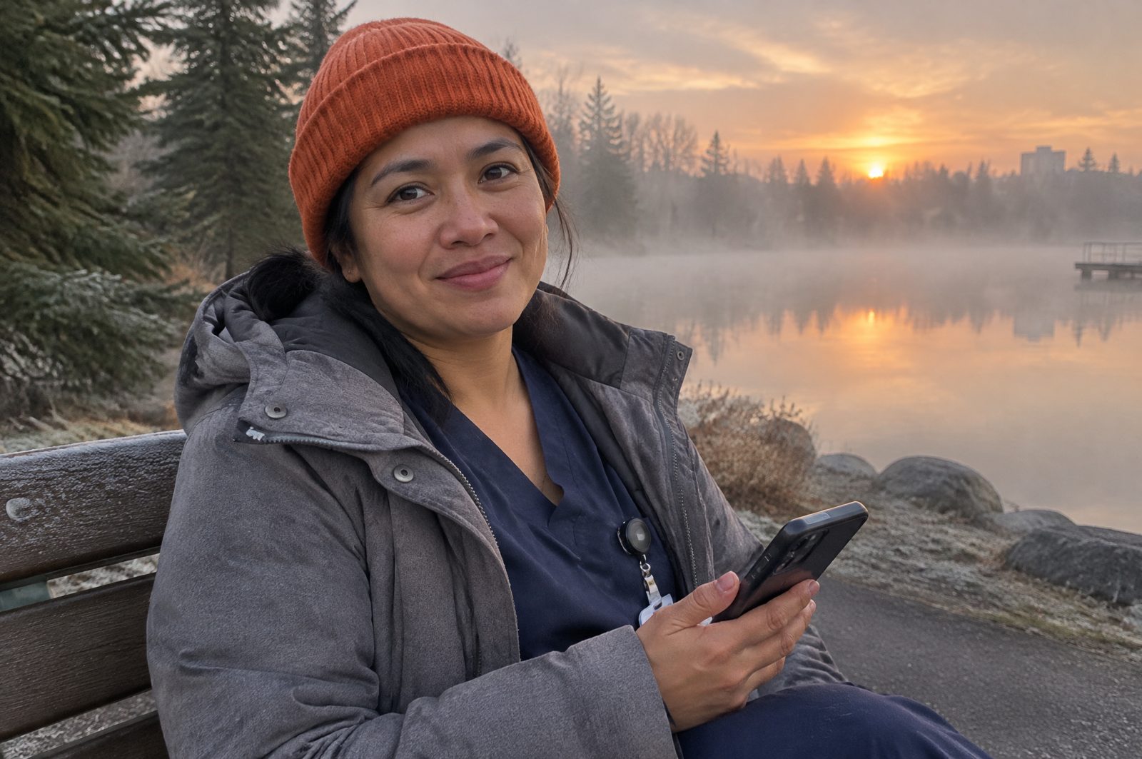 A Filipina-Canadian nurse checking her phone on a bench by a lake