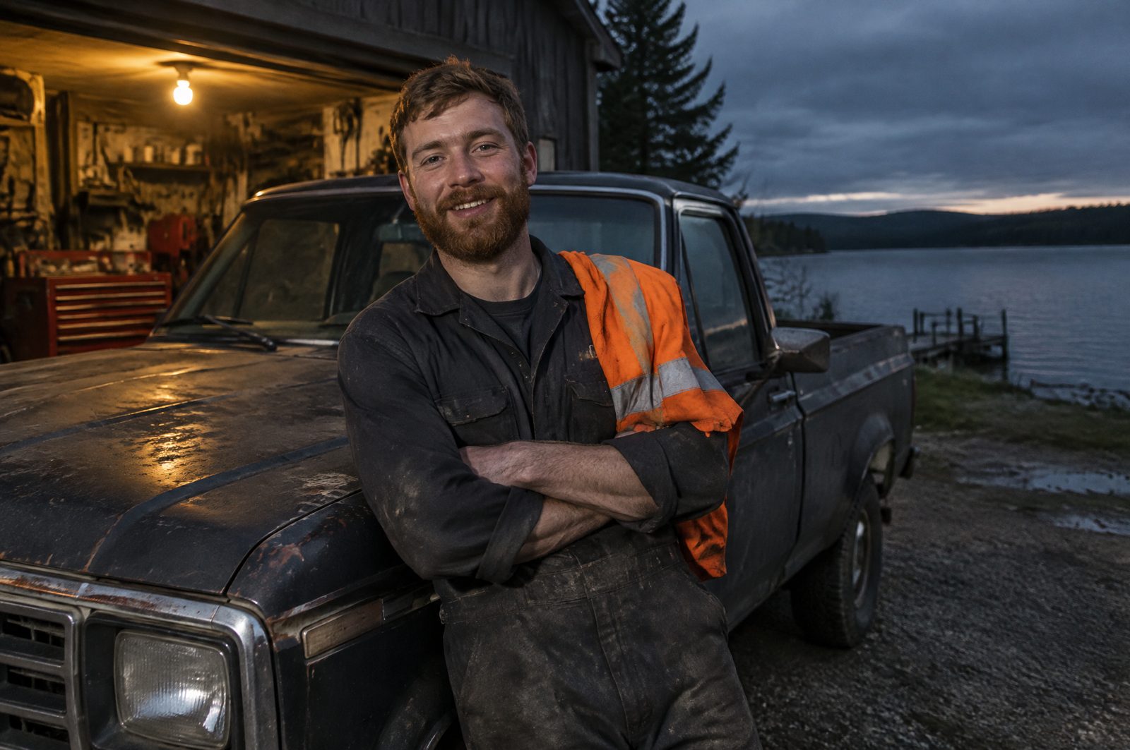 A young red-bearded mechanic leaning on his pickup at dusk