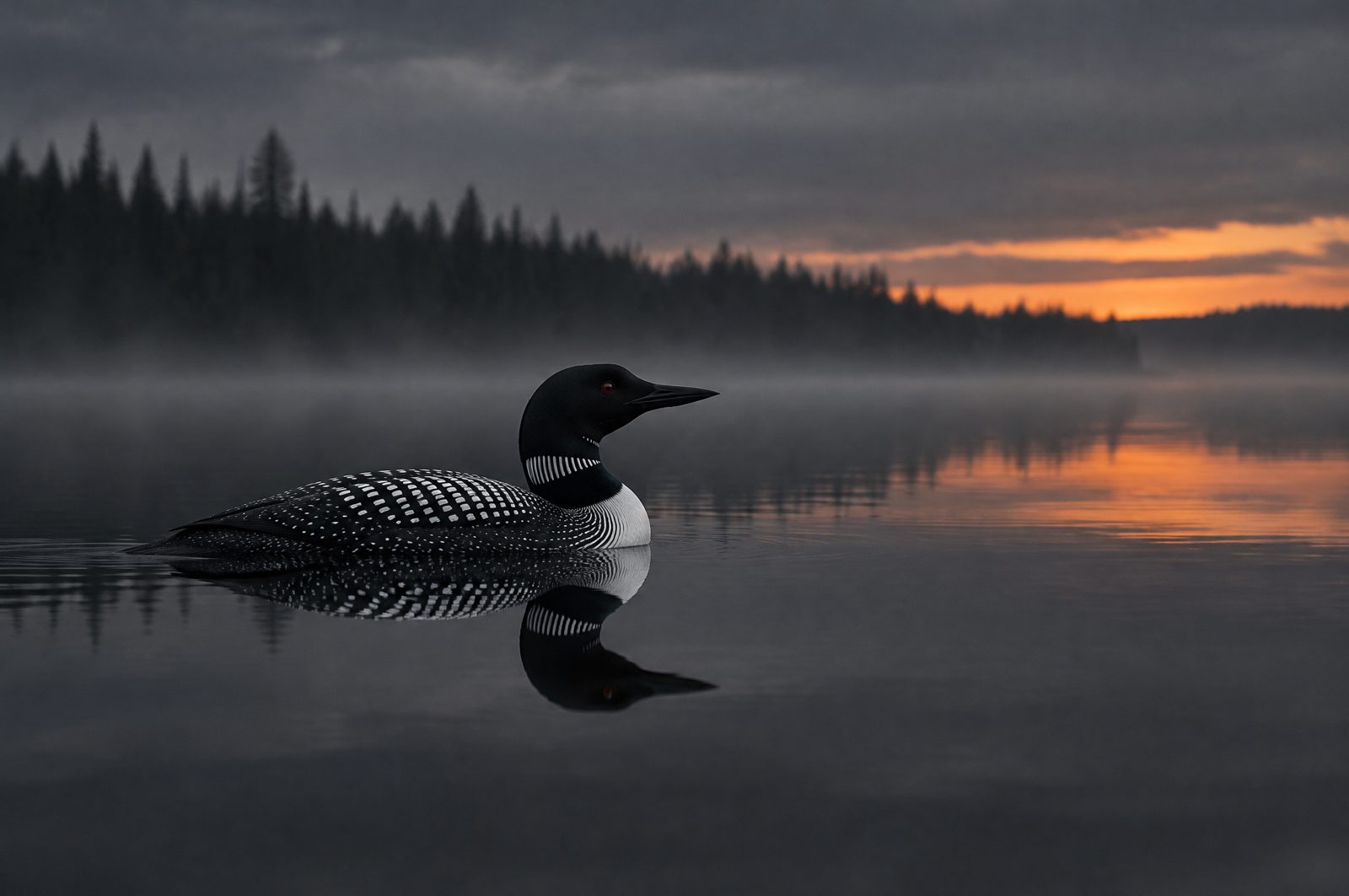 A loon alone on a still Canadian lake at dusk
